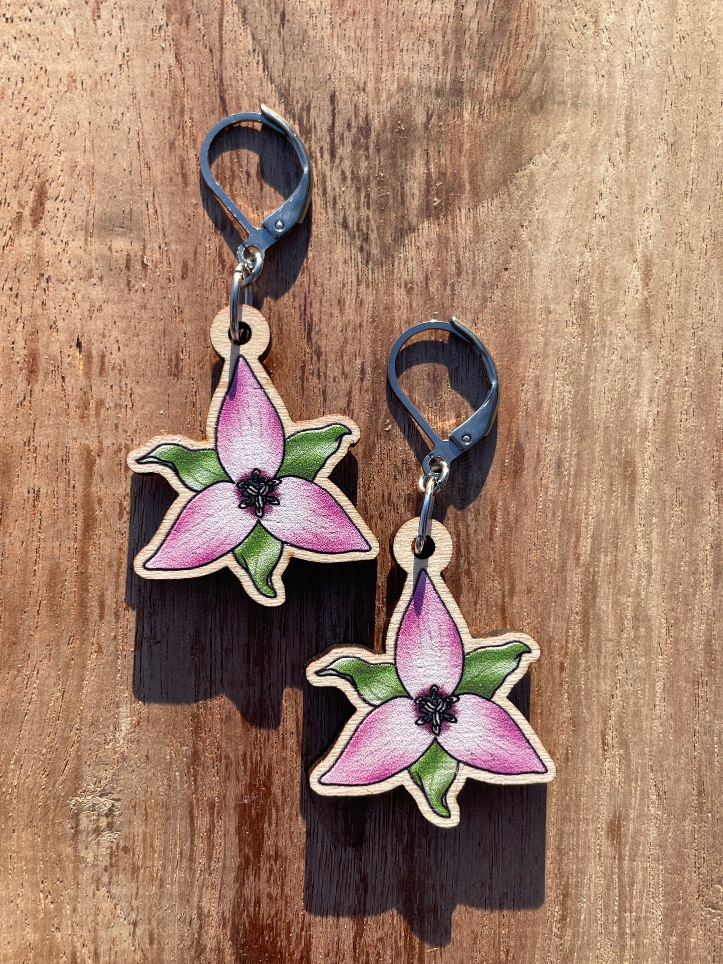 Pink & White Trillium Wooden Earrings in Small