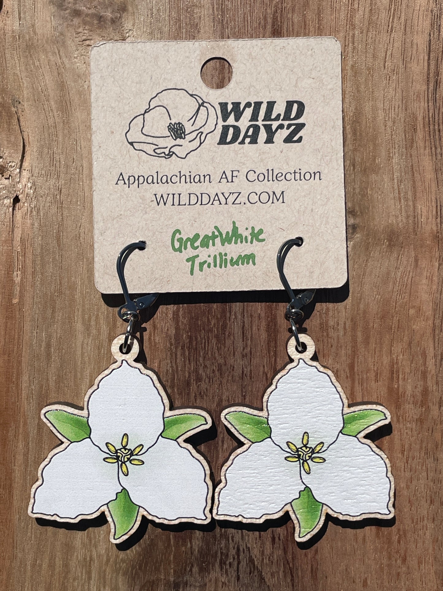 Great White Trillium Wooden Earrings in Large