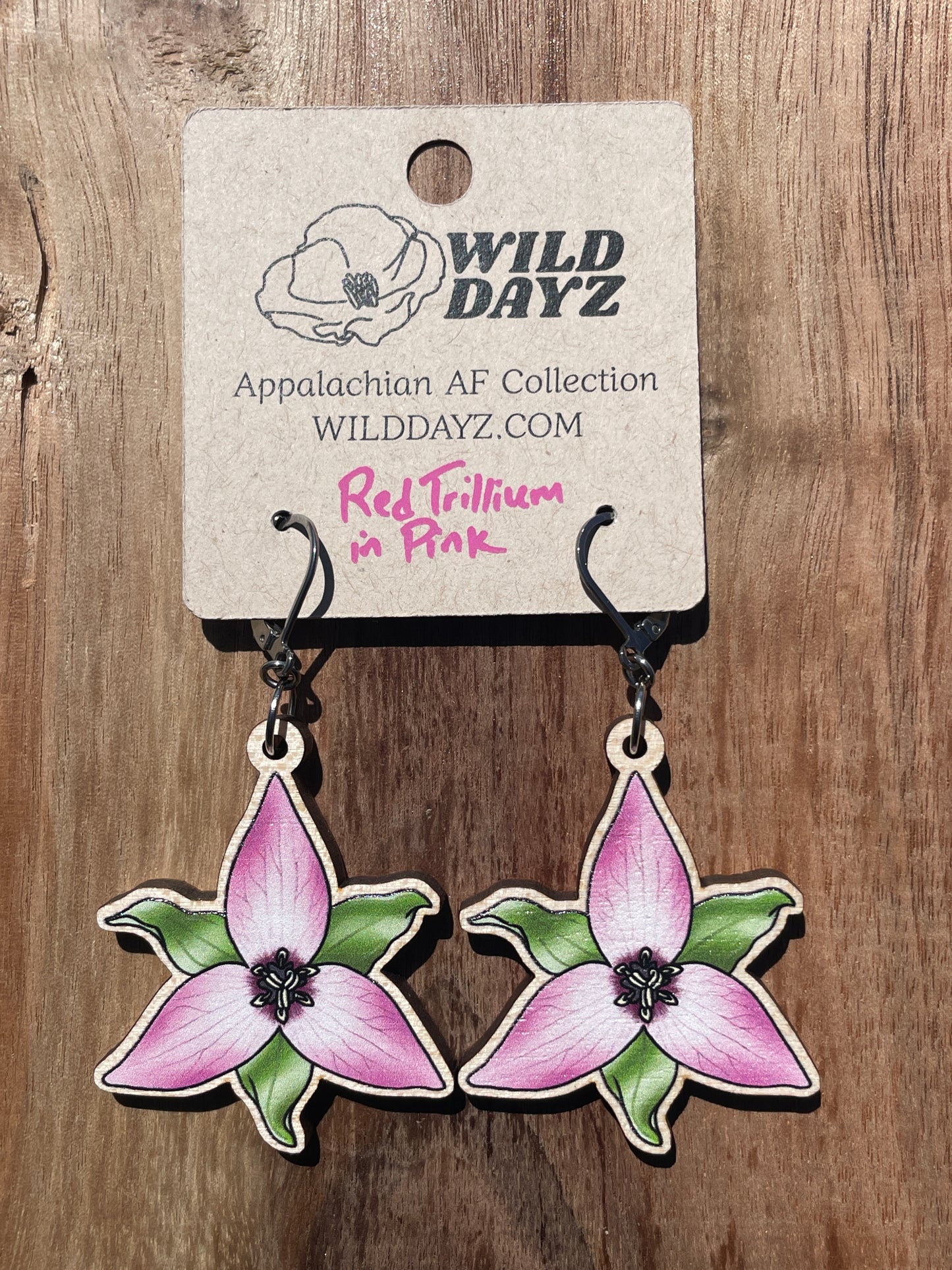 Pink & White Trillium Wooden Earrings in Large
