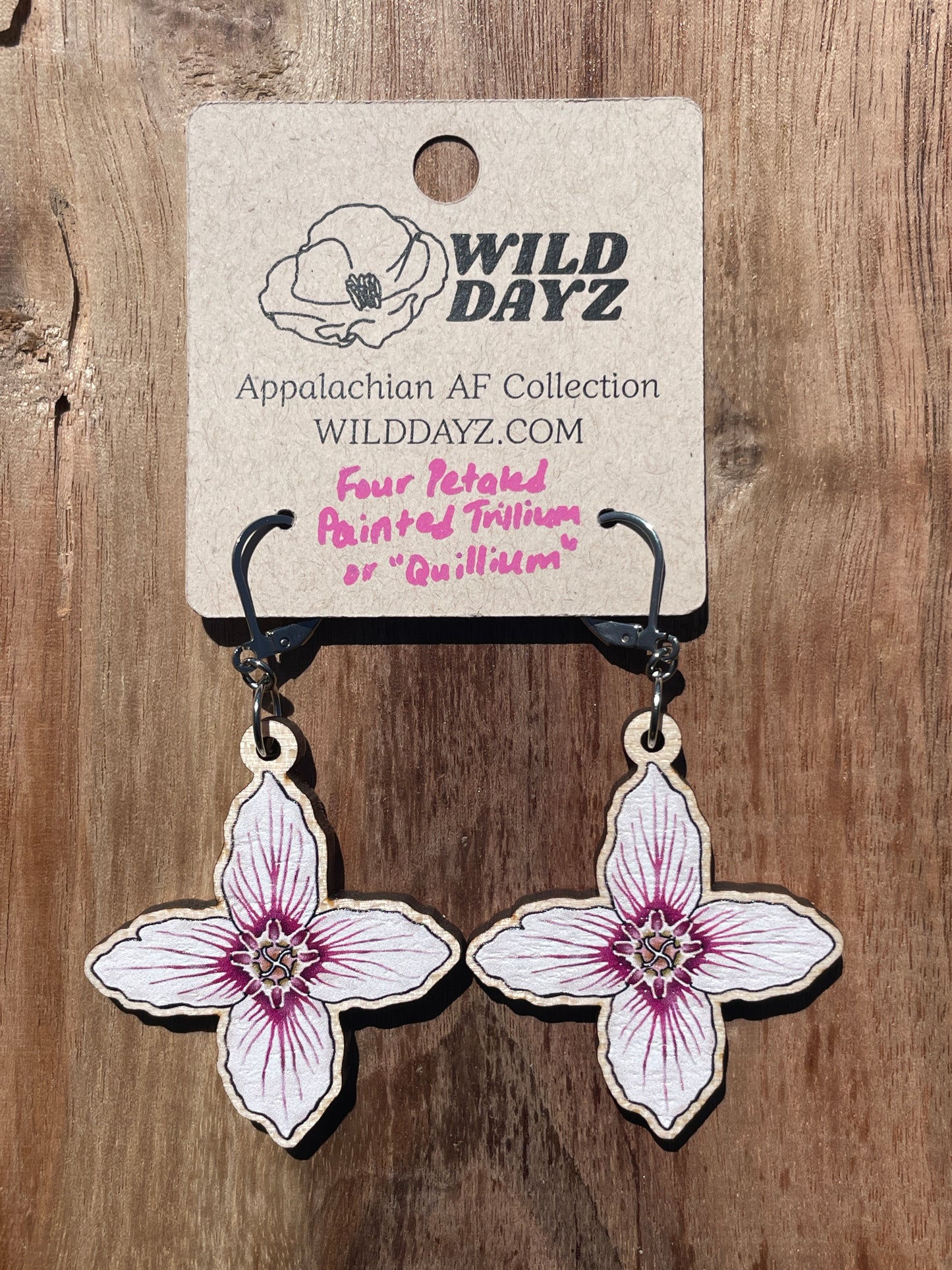 Painted Trillium Four-Petaled “Quillium” Wooden Earrings in Large