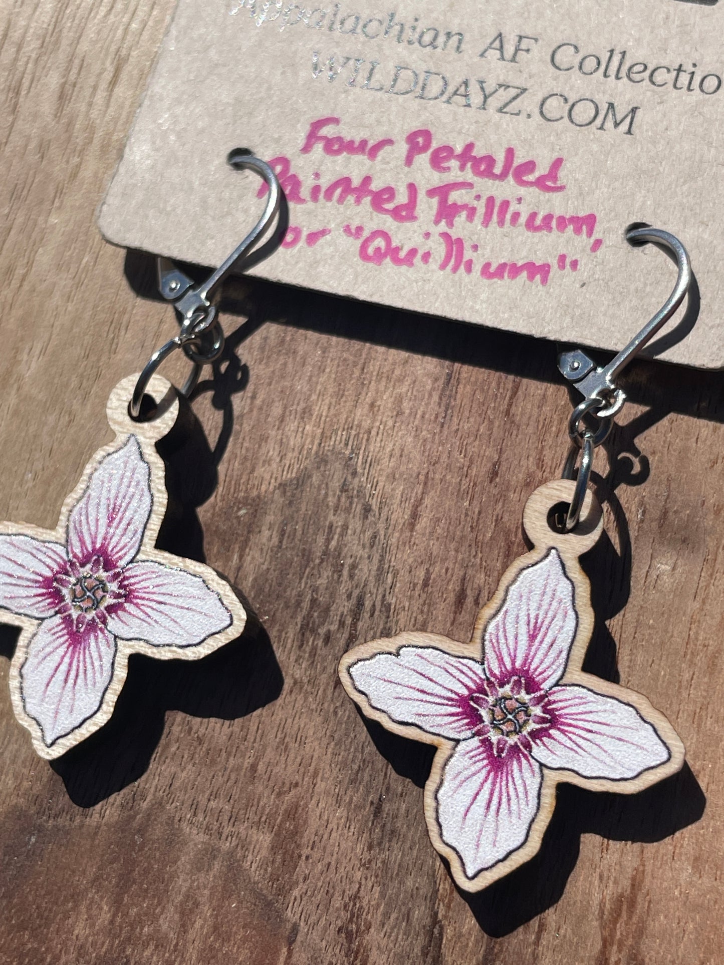 Painted Trillium Four-Petaled “Quillium” Wooden Earrings in Small