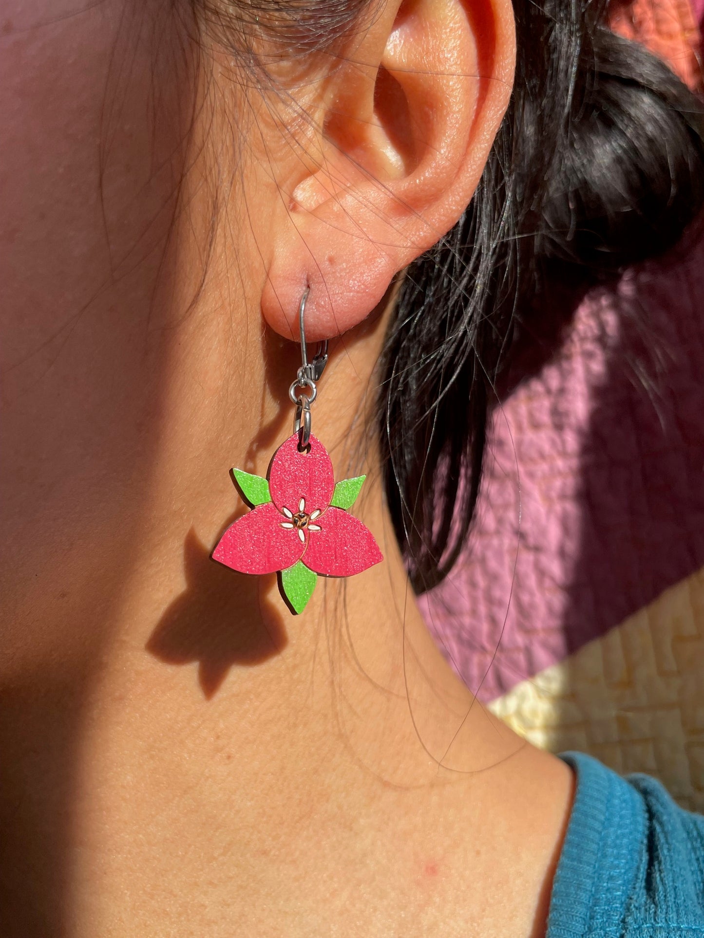 On Sale! Handpainted Red Trillium Wooden Earrings