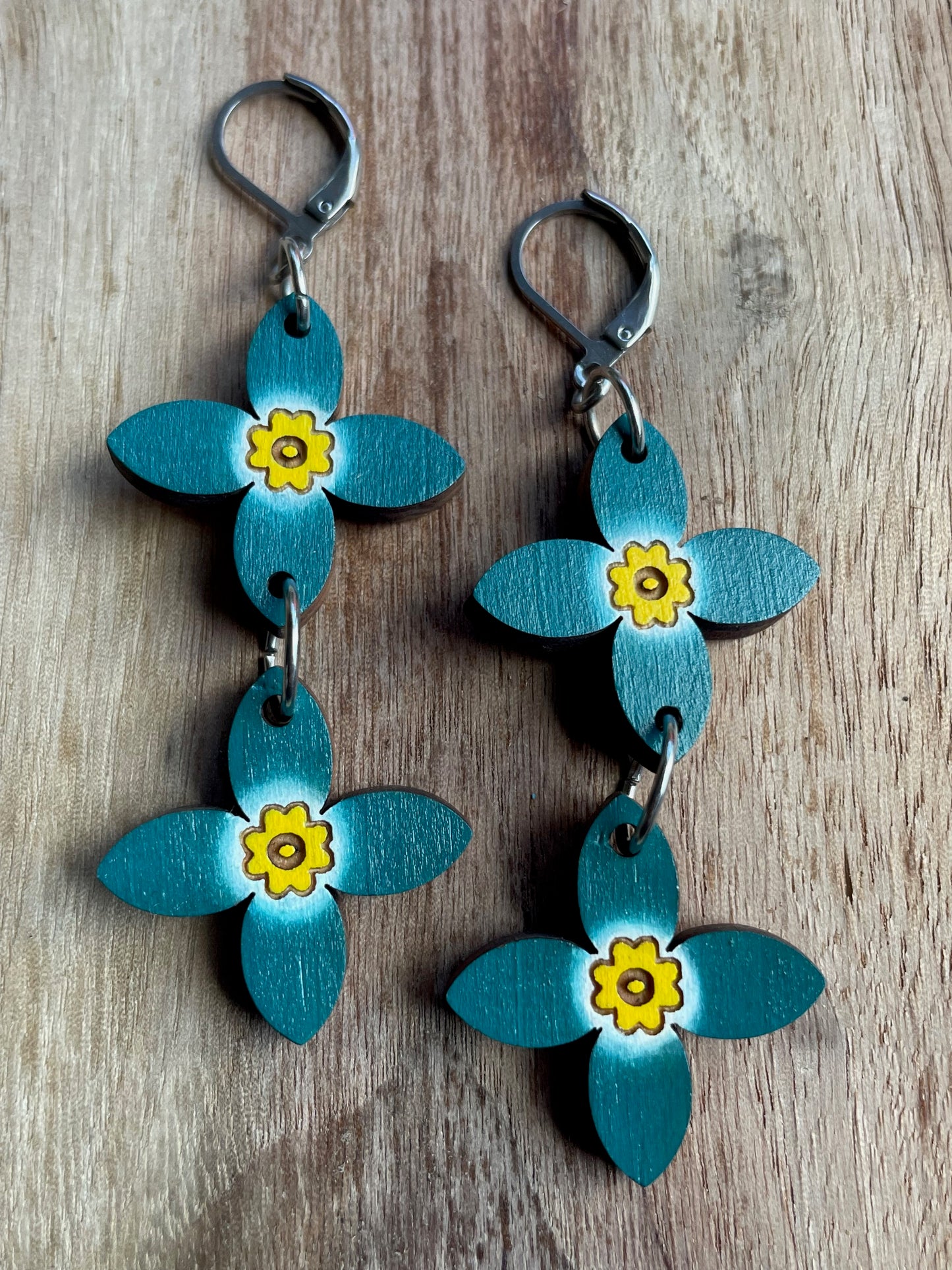 On Sale! Handpainted Azure Bluet Wooden Earrings in Double Teal