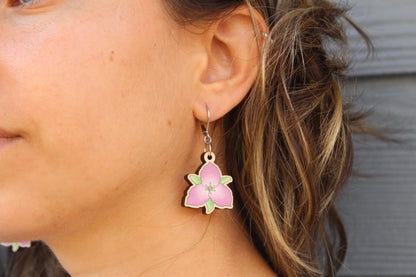Pink Great White Trillium Wooden Earrings