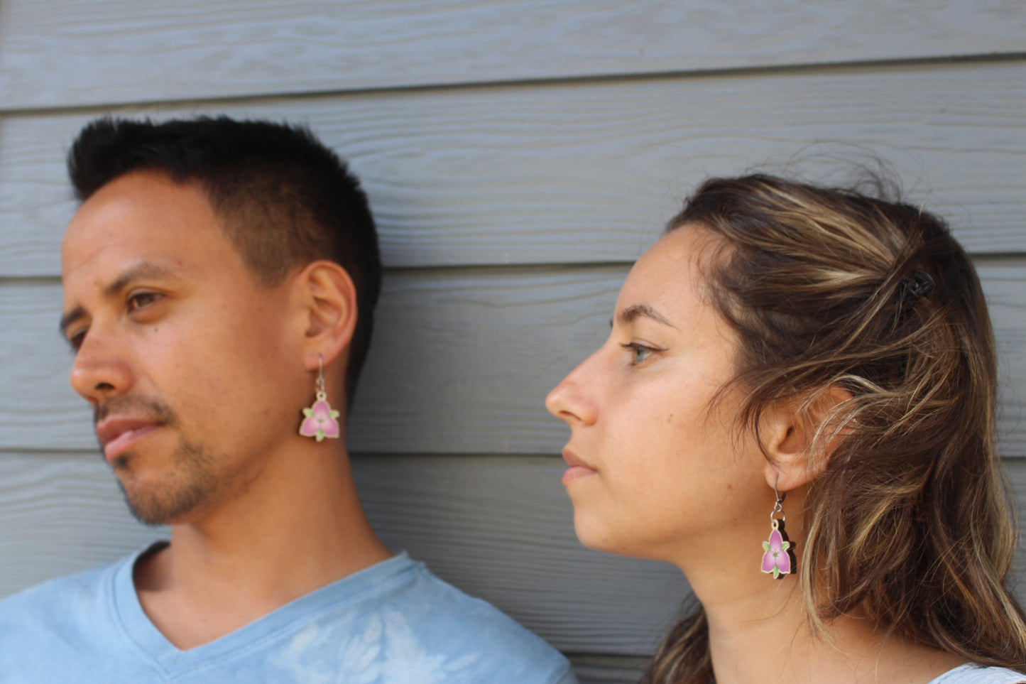 Pink Great White Trillium Wooden Earrings