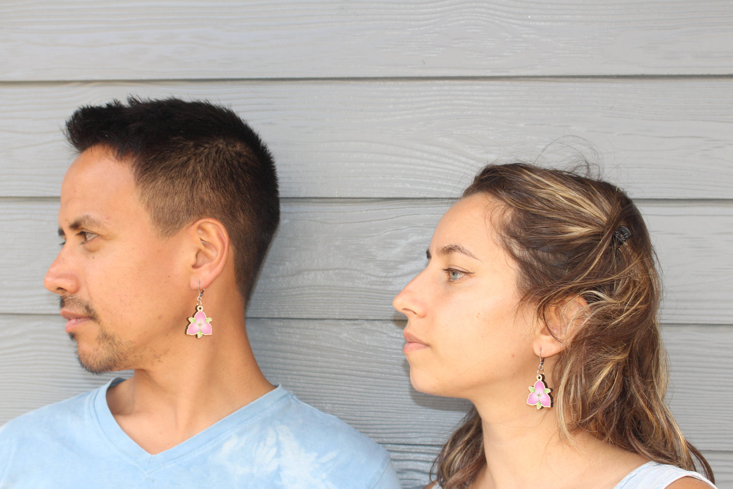 Pink Great White Trillium Wooden Earrings