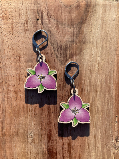 Pink Great White Trillium Wooden Earrings