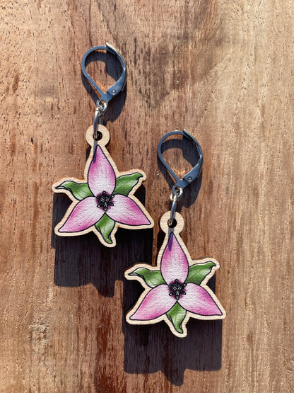 Pink & White Trillium Wooden Earrings in Small