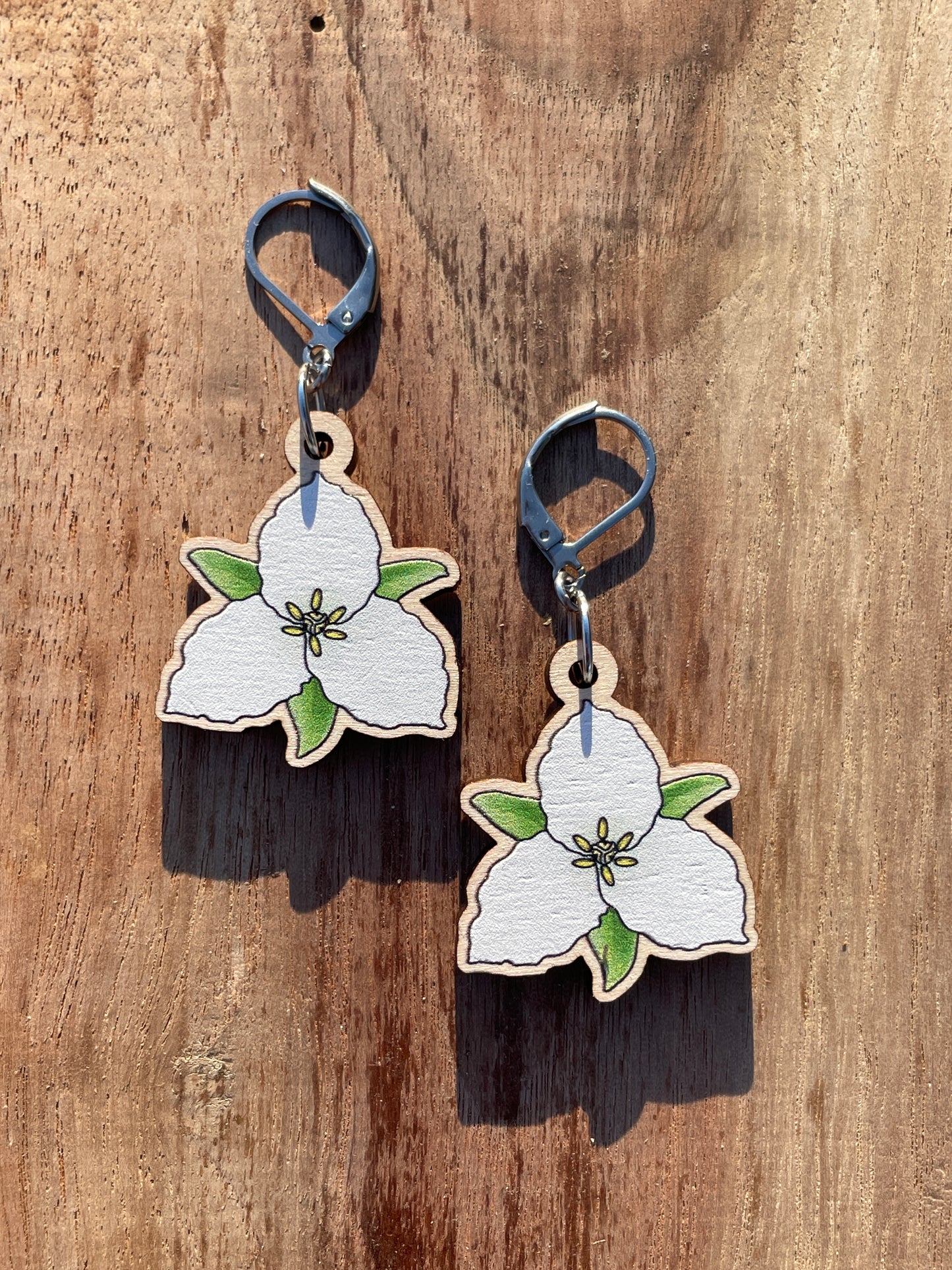 Great White Trillium Wooden Earrings in Small