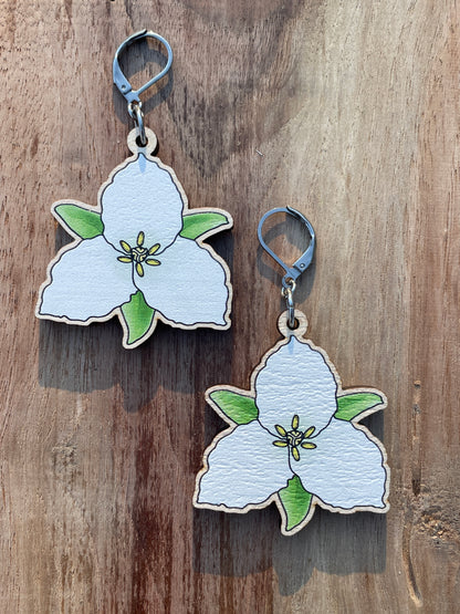 Great White Trillium Wooden Earrings in Large