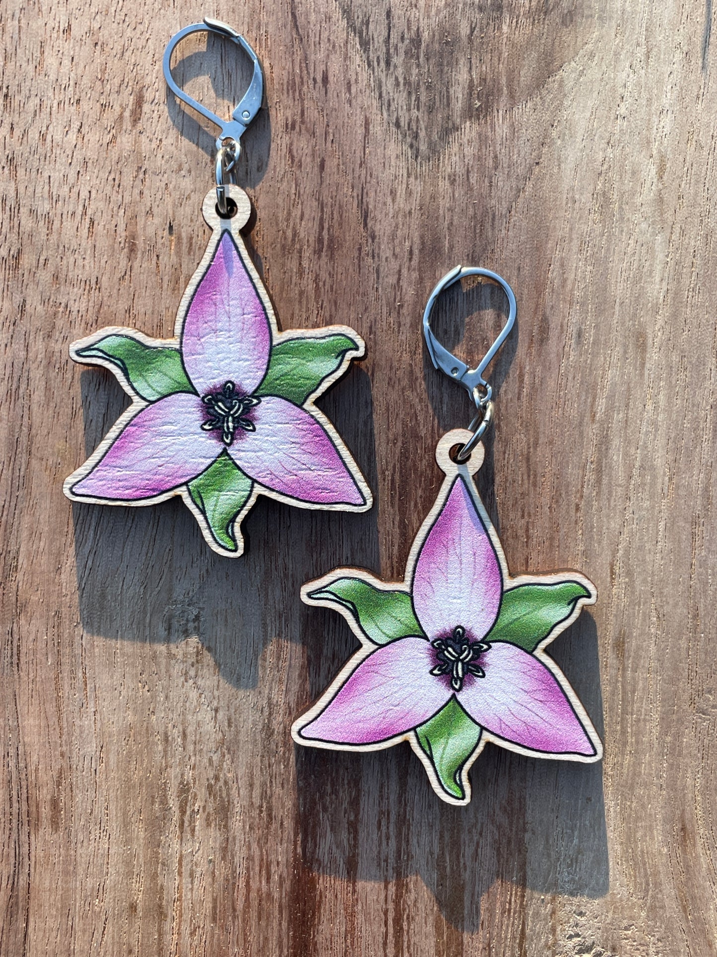 Pink & White Trillium Wooden Earrings in Large