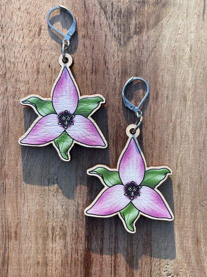 Pink & White Trillium Wooden Earrings in Large