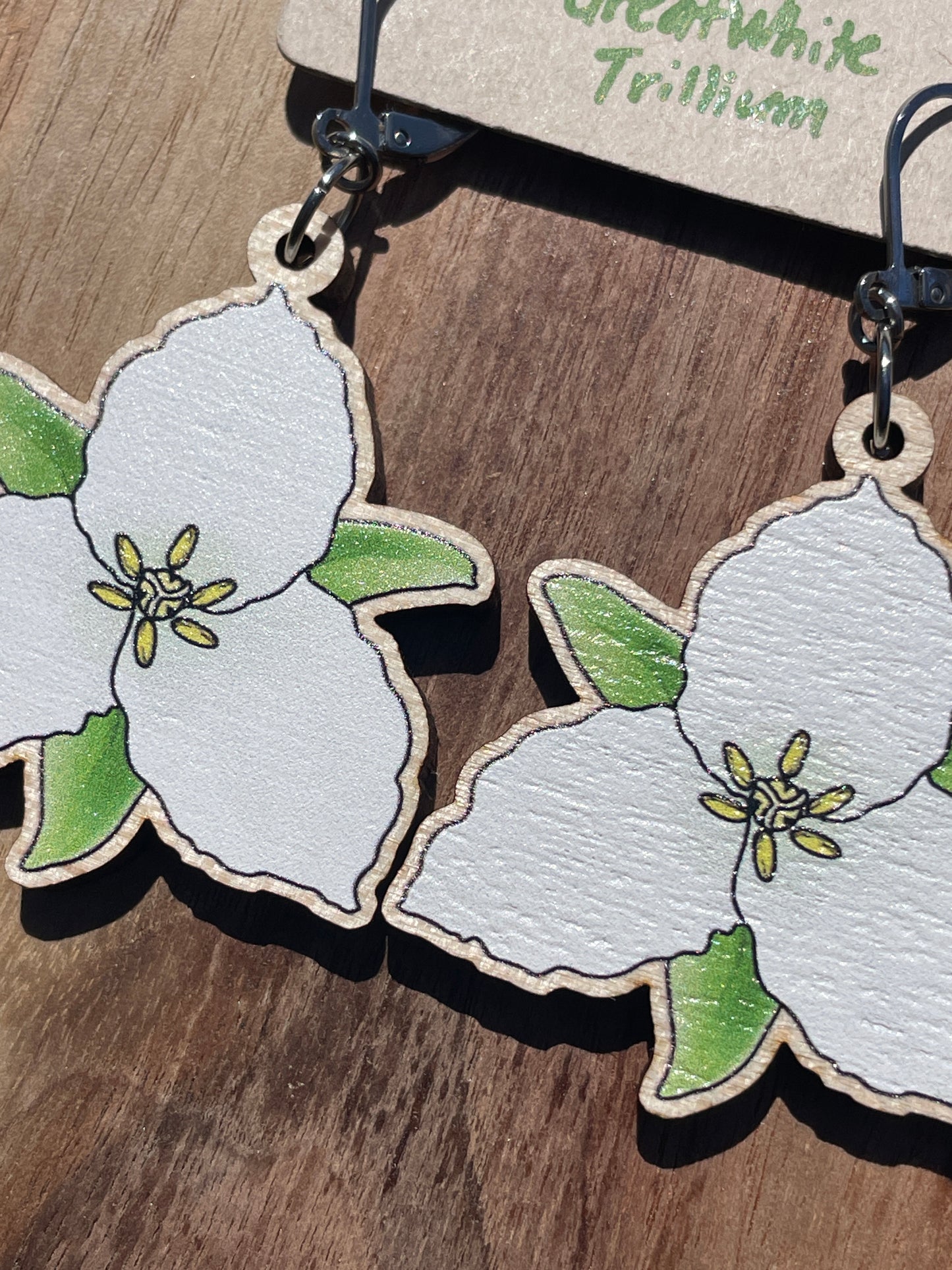 Great White Trillium Wooden Earrings in Large