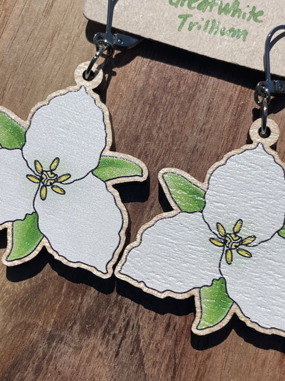 Great White Trillium Wooden Earrings in Large