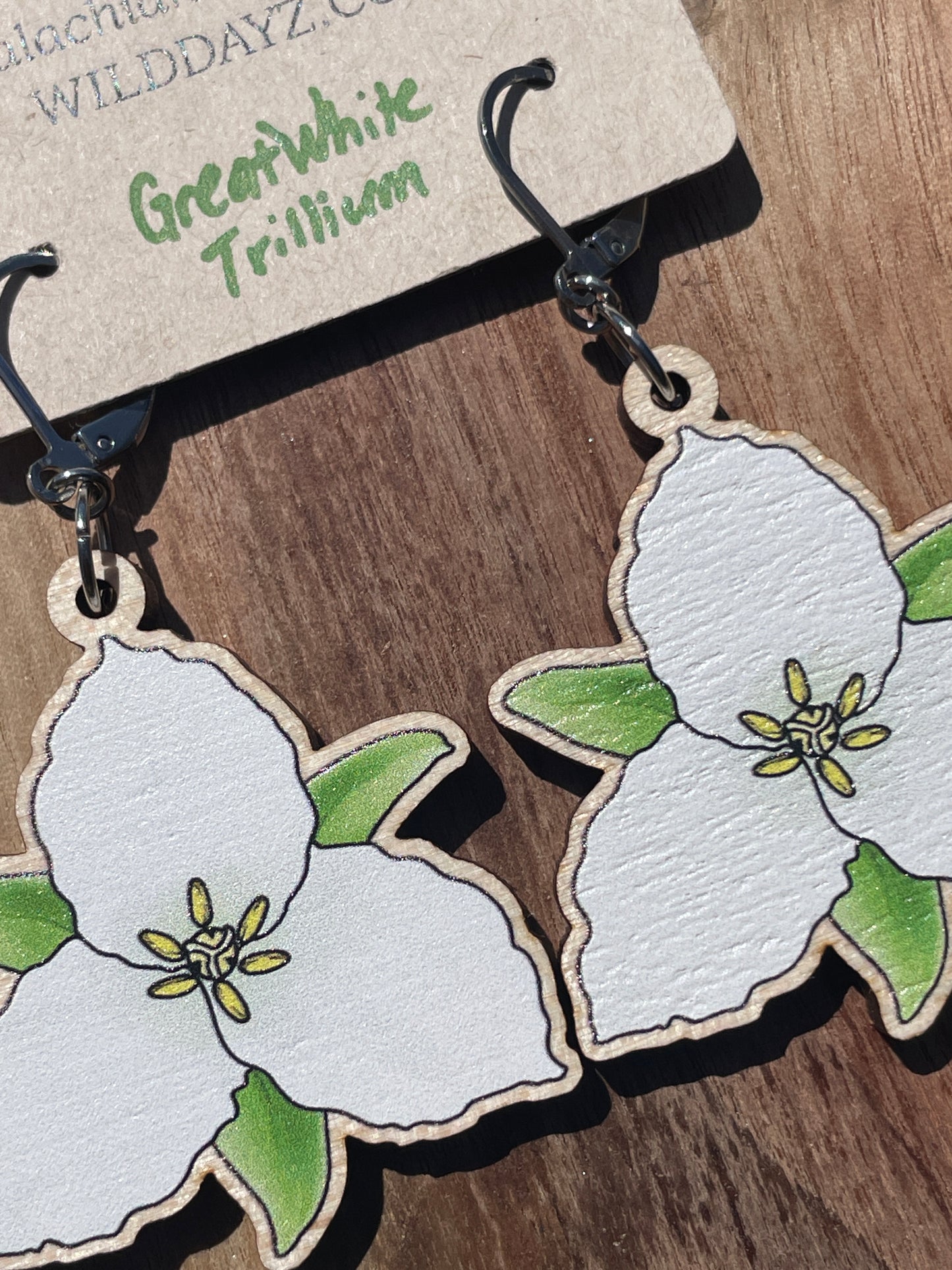 Great White Trillium Wooden Earrings in Large