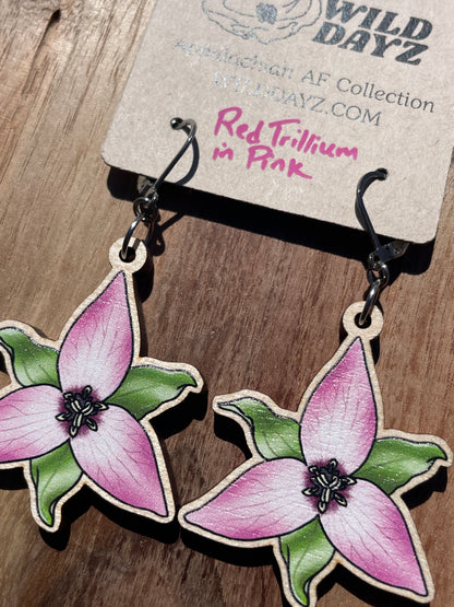 Pink & White Trillium Wooden Earrings in Large
