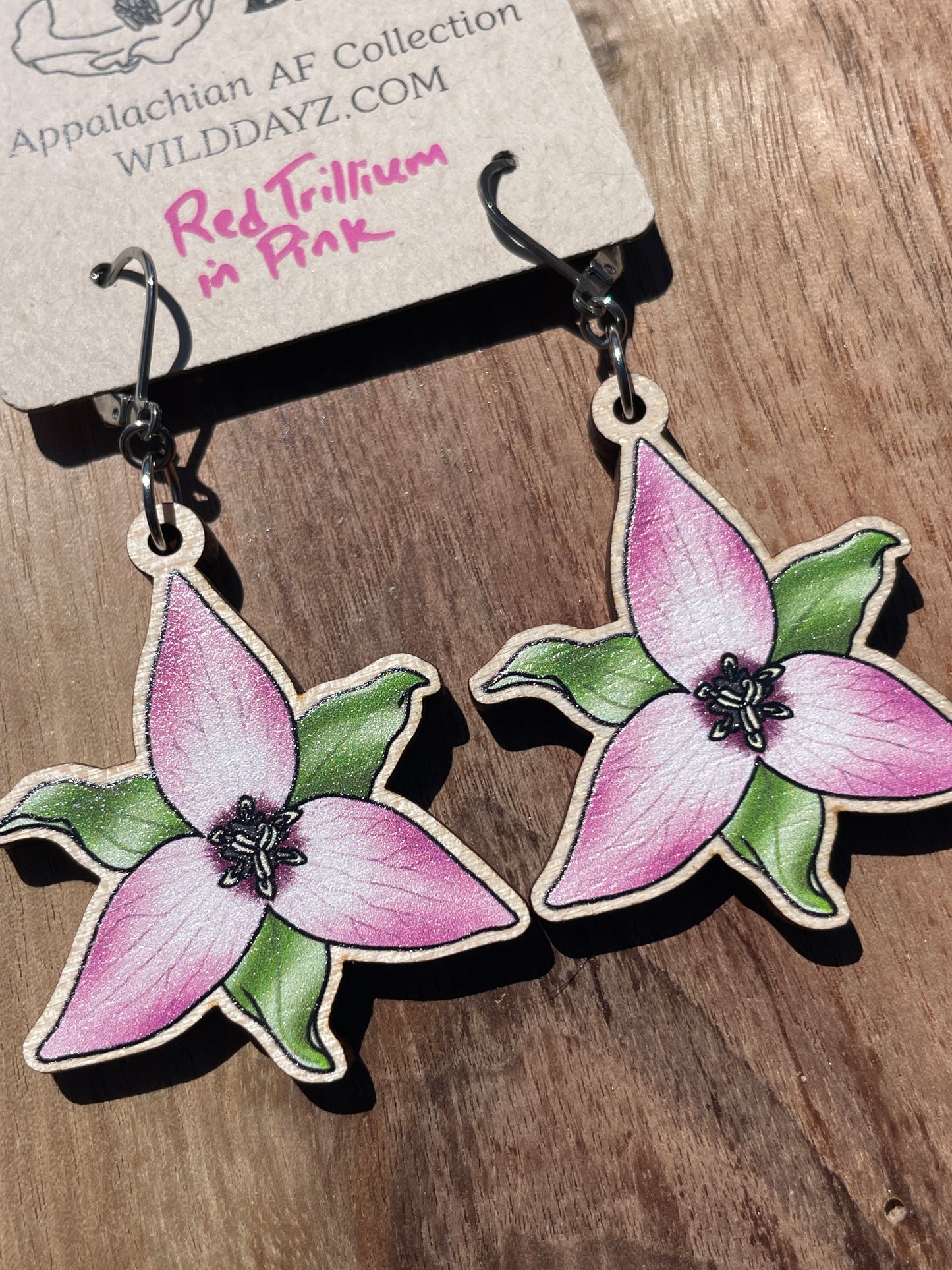 Pink & White Trillium Wooden Earrings in Large