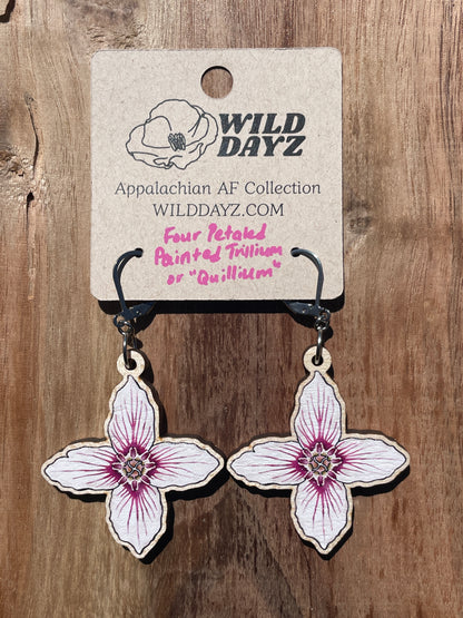 Painted Trillium Four-Petaled “Quillium” Wooden Earrings in Large