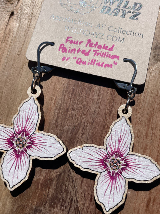 Painted Trillium Four-Petaled “Quillium” Wooden Earrings in Large