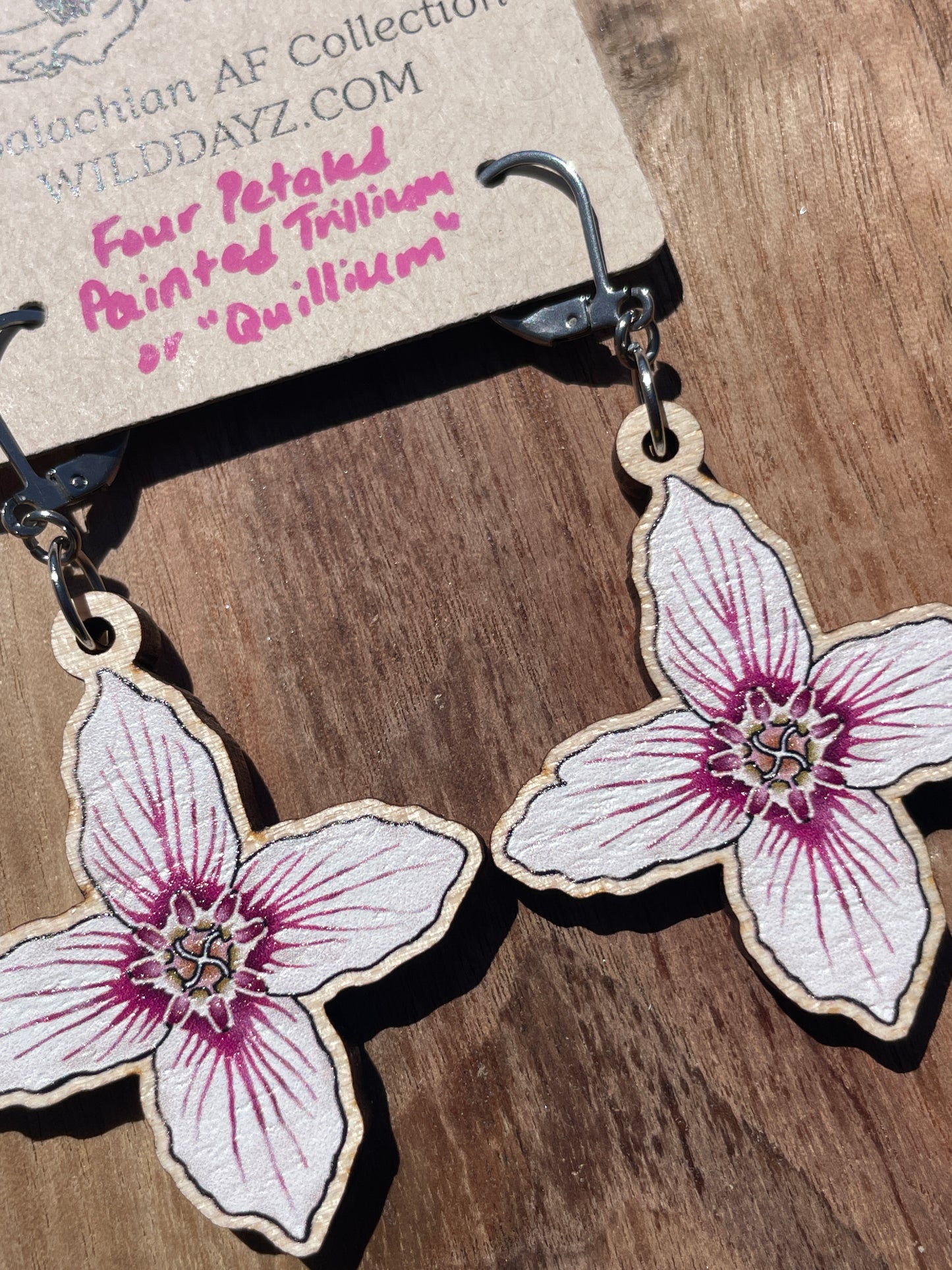 Painted Trillium Four-Petaled “Quillium” Wooden Earrings in Large