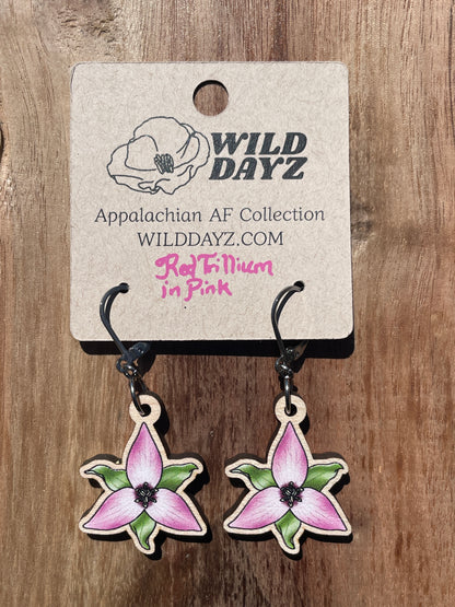 Pink & White Trillium Wooden Earrings in Small