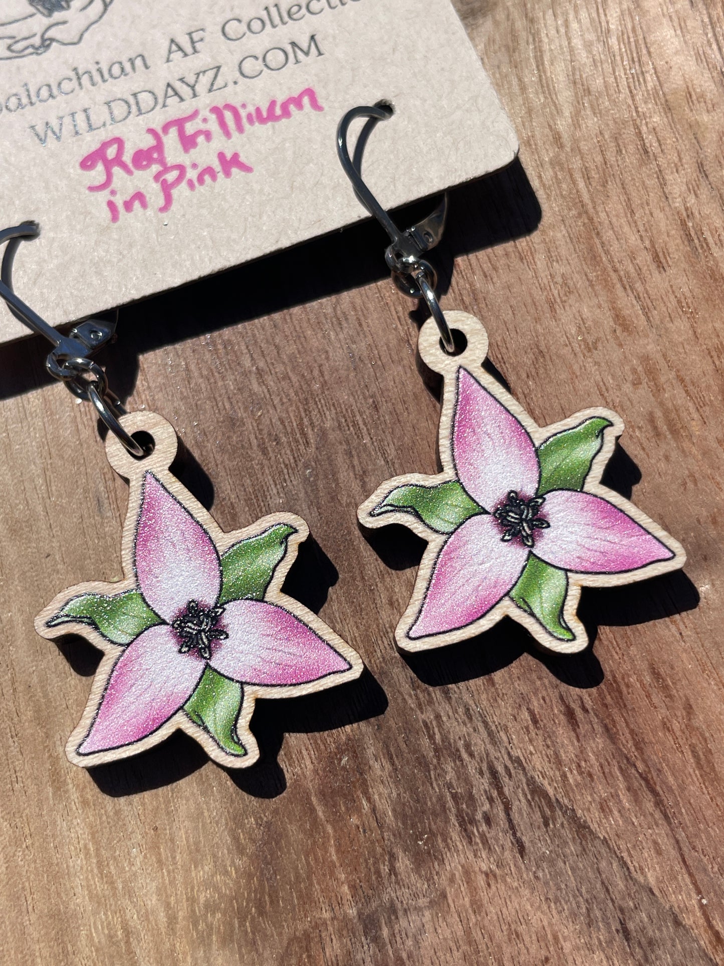 Pink & White Trillium Wooden Earrings in Small