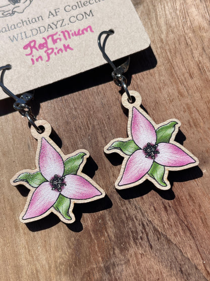 Pink & White Trillium Wooden Earrings in Small