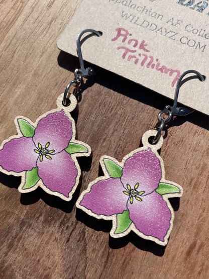 Pink Great White Trillium Wooden Earrings