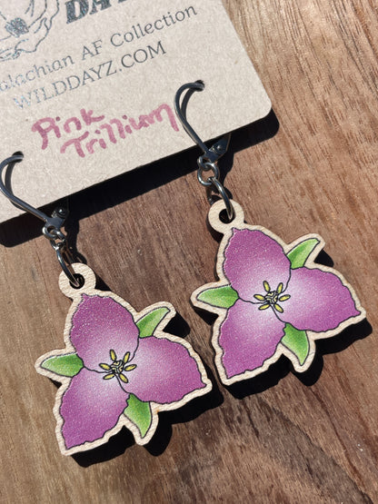 Pink Great White Trillium Wooden Earrings