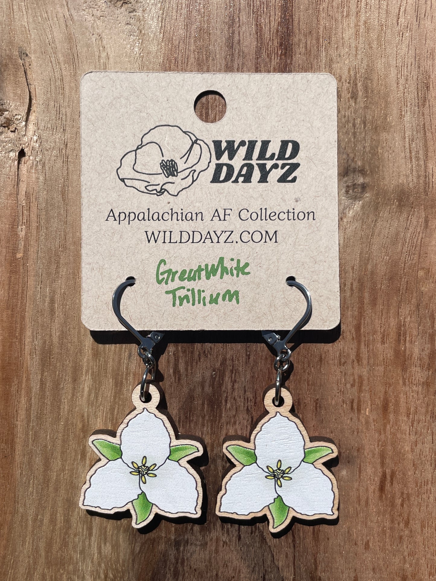 Great White Trillium Wooden Earrings in Small