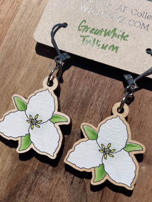 Great White Trillium Wooden Earrings in Small