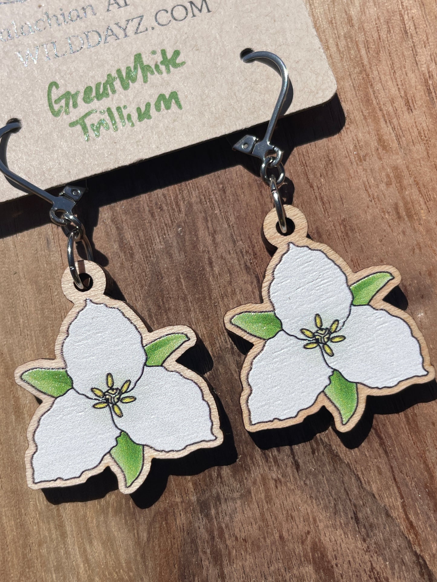 Great White Trillium Wooden Earrings in Small