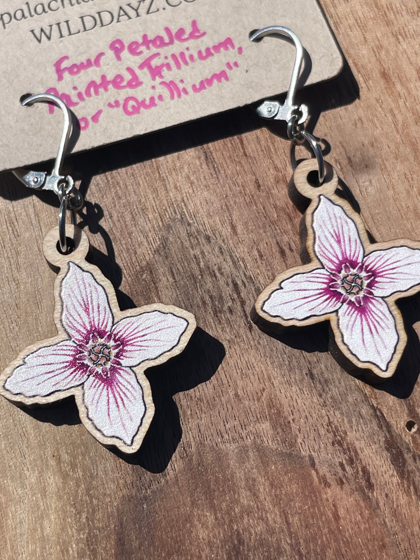 Painted Trillium Four-Petaled “Quillium” Wooden Earrings in Small