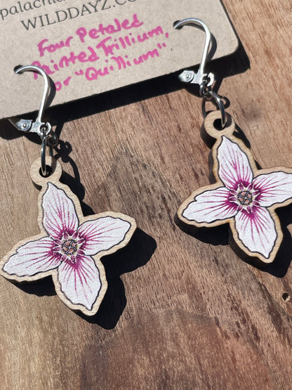 Painted Trillium Four-Petaled “Quillium” Wooden Earrings in Small