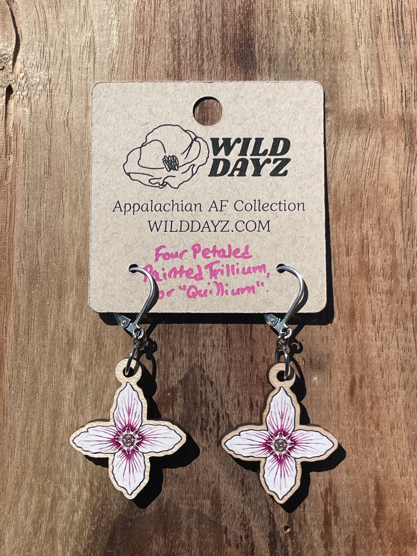 Painted Trillium Four-Petaled “Quillium” Wooden Earrings in Small