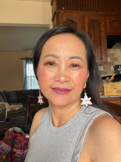 Pink & White Trillium Wooden Earrings in Large