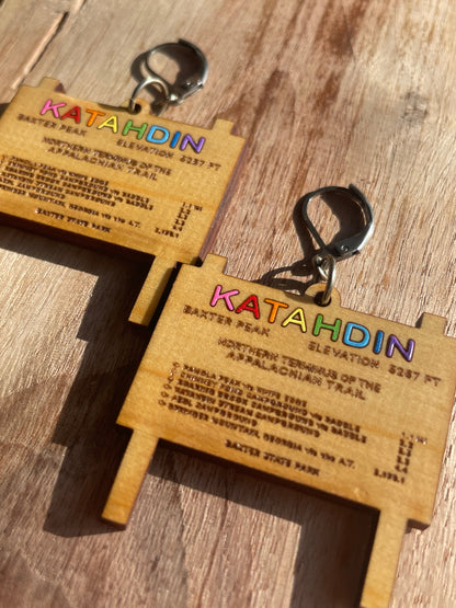 Handmade AT Rainbow Katahdin Sign Wooden Earrings
