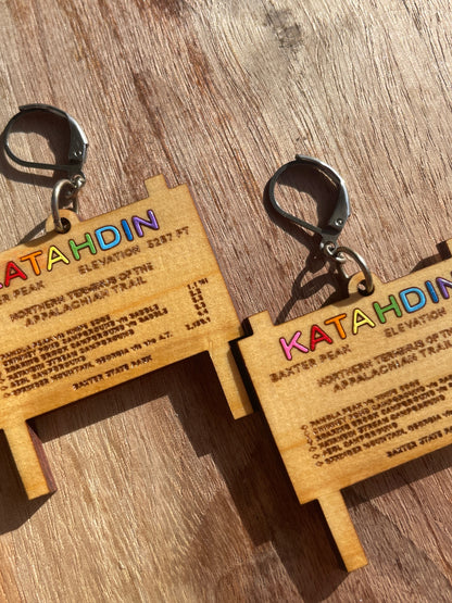 Handmade AT Rainbow Katahdin Sign Wooden Earrings