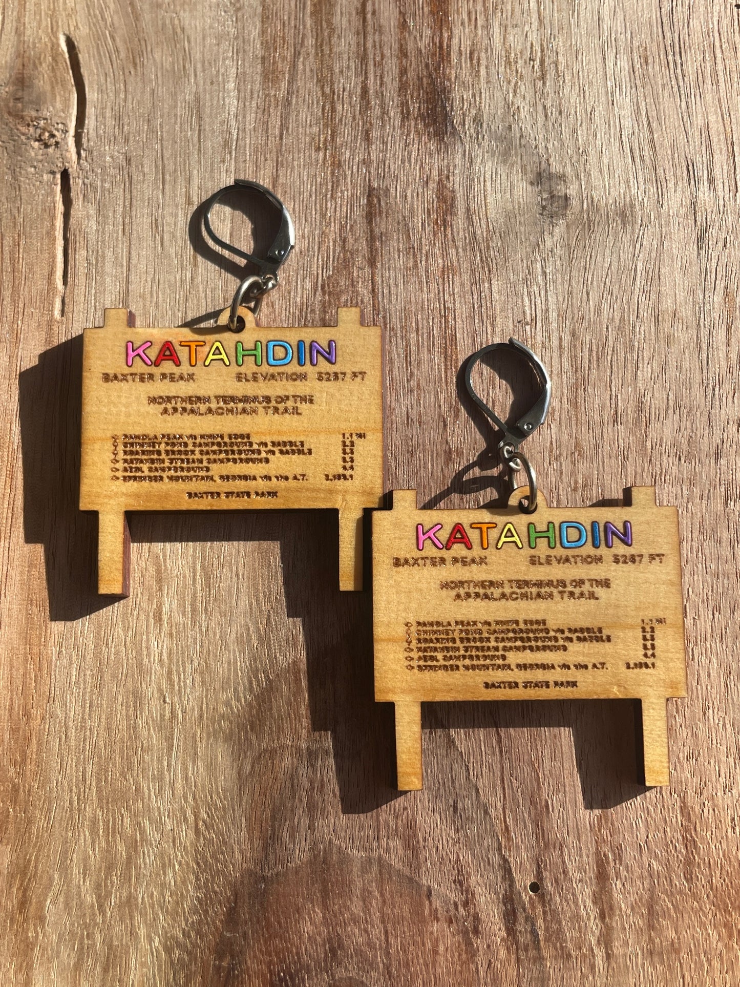 Handmade AT Rainbow Katahdin Sign Wooden Earrings