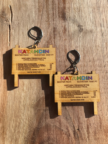 Handmade AT Rainbow Katahdin Sign Wooden Earrings