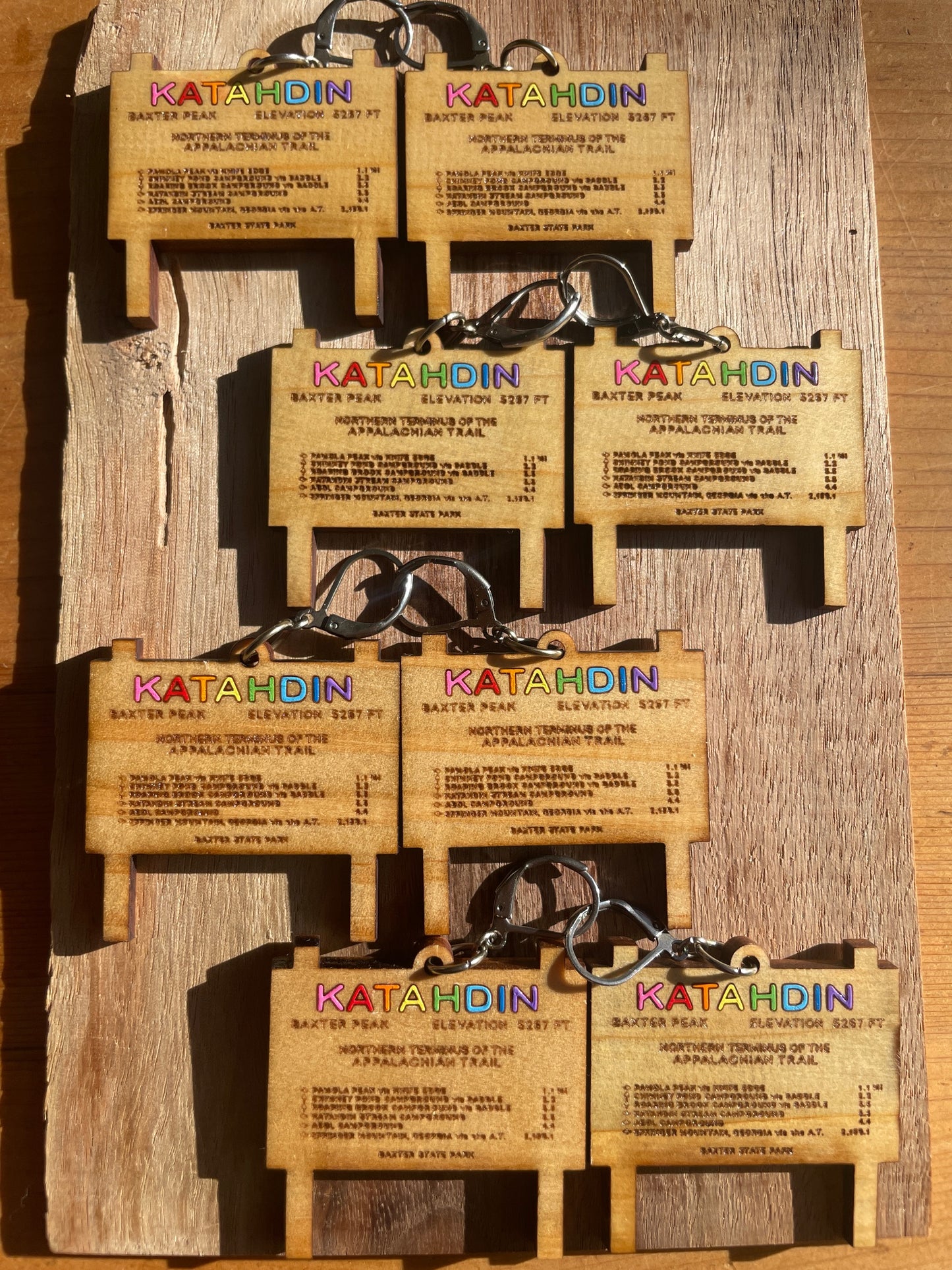 Handmade AT Rainbow Katahdin Sign Wooden Earrings