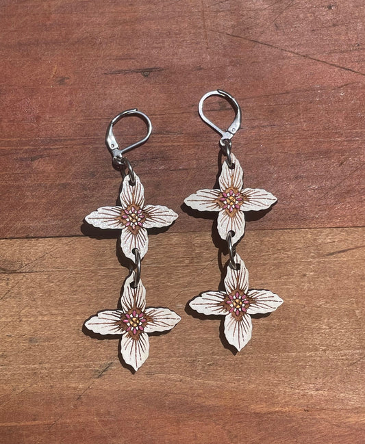 Handpainted Painted Trillium Four-Petaled “Quillium” Wooden Earrings in Small Double