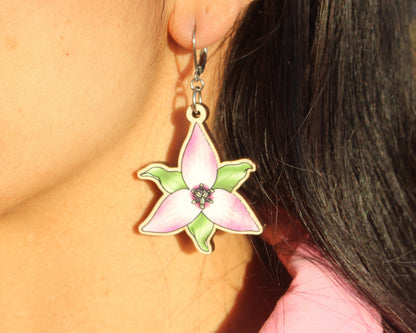 Pink & White Trillium Wooden Earrings in Large