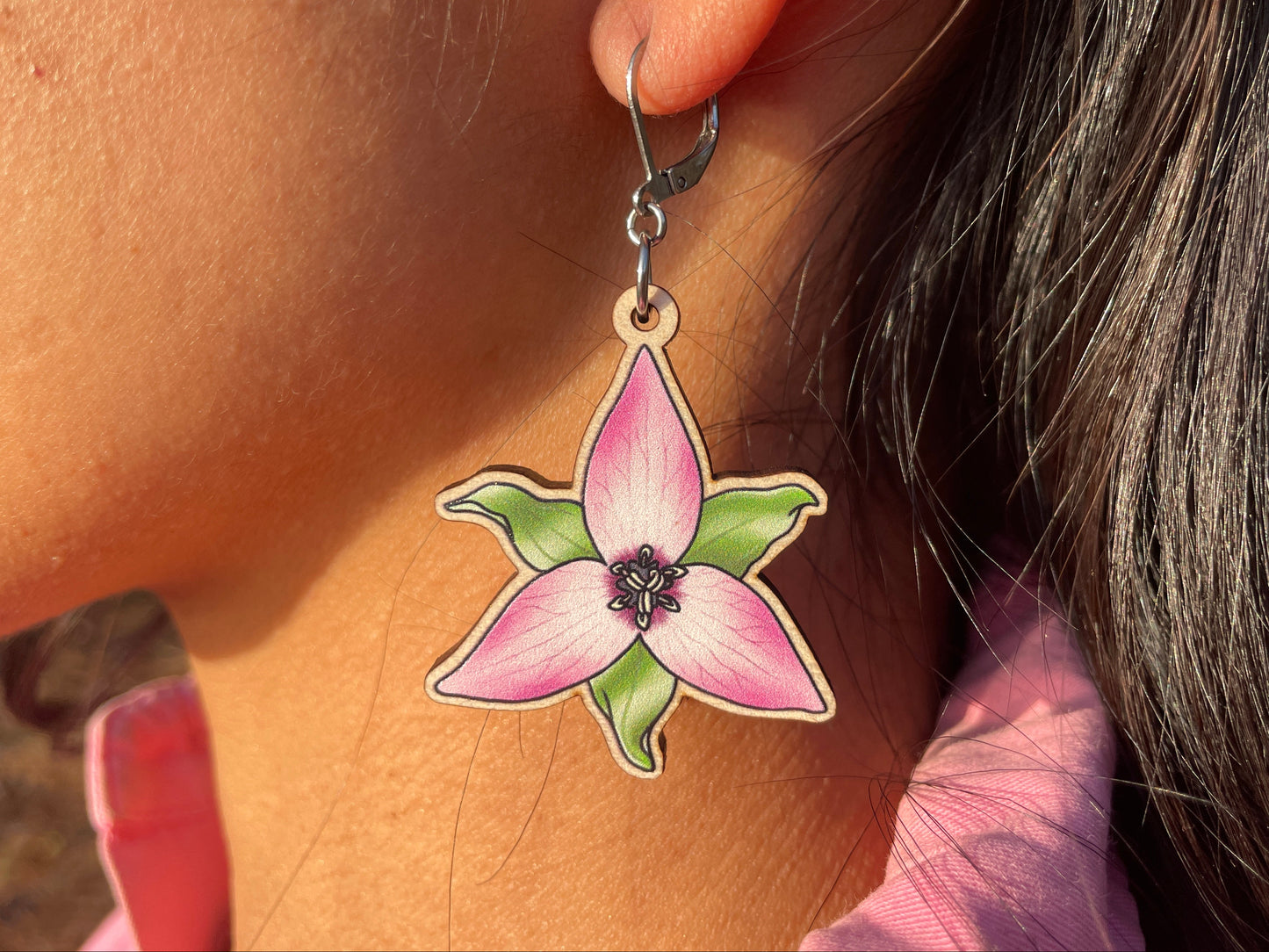 Pink & White Trillium Wooden Earrings in Large
