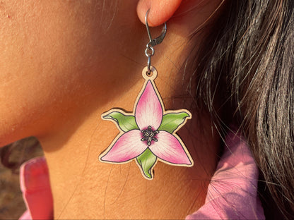 Pink & White Trillium Wooden Earrings in Large