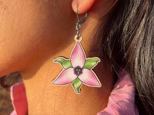 Pink & White Trillium Wooden Earrings in Large