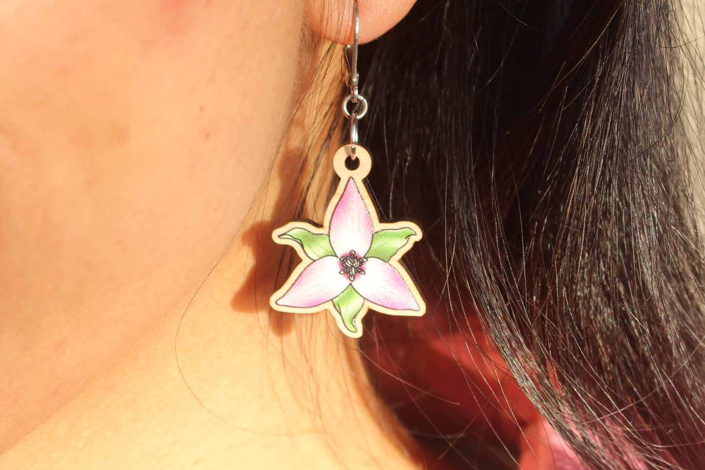 Pink & White Trillium Wooden Earrings in Small