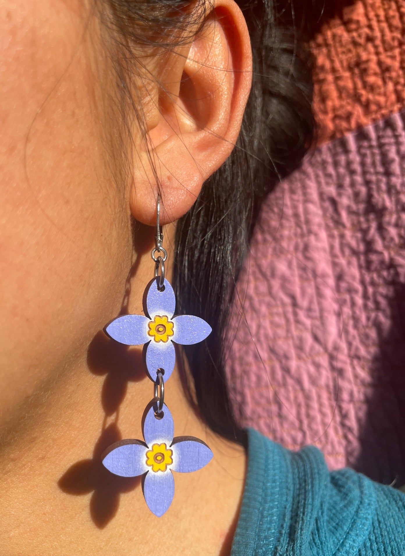 Handpainted Azure Bluet Wooden Earrings in Double