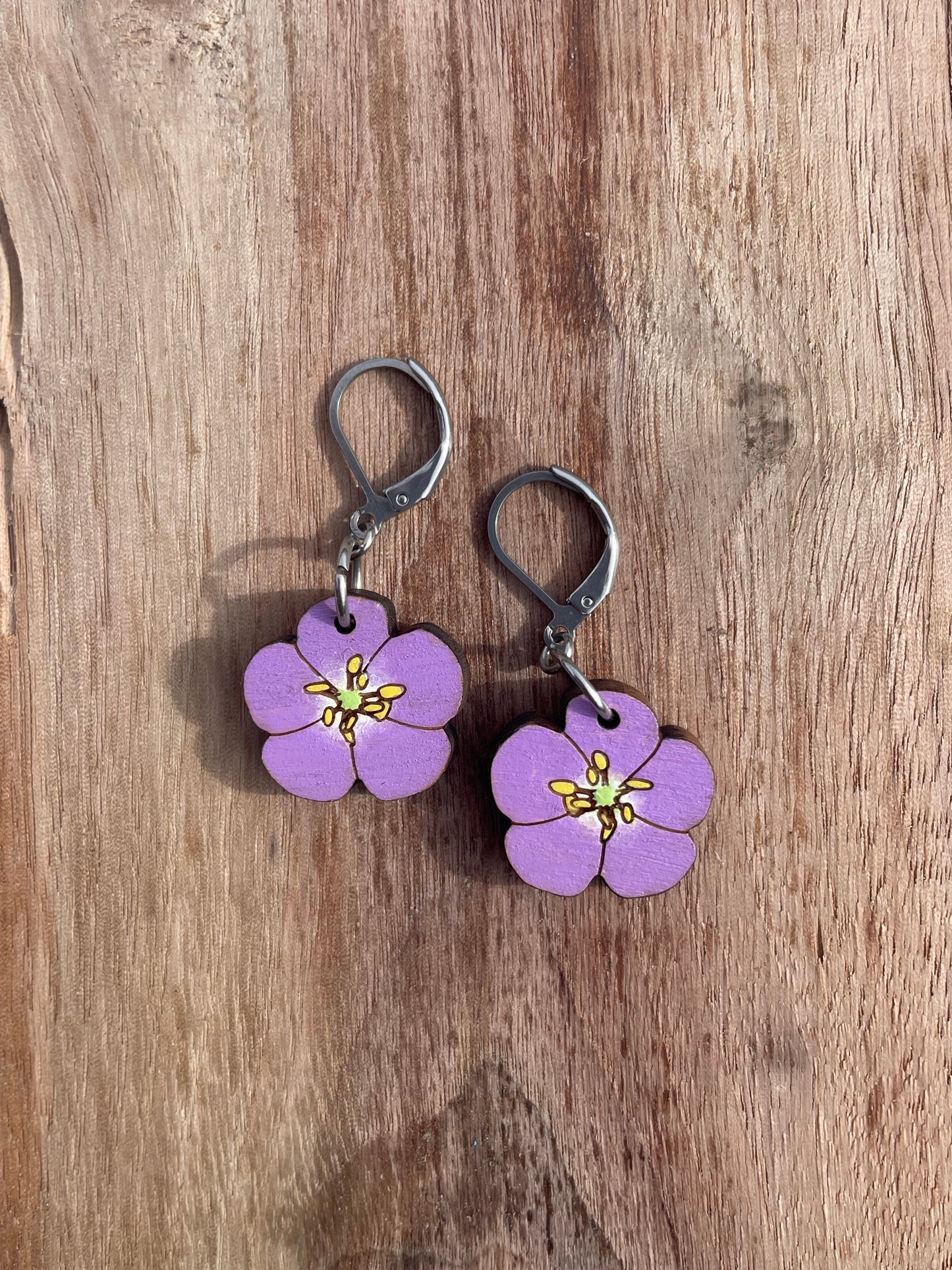 Handpainted Wild Geranium Wooden Earrings in Small
