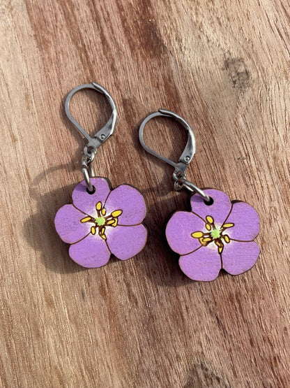 Handpainted Wild Geranium Wooden Earrings in Small